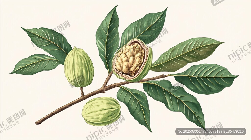 核桃枝與果實的植物學插圖