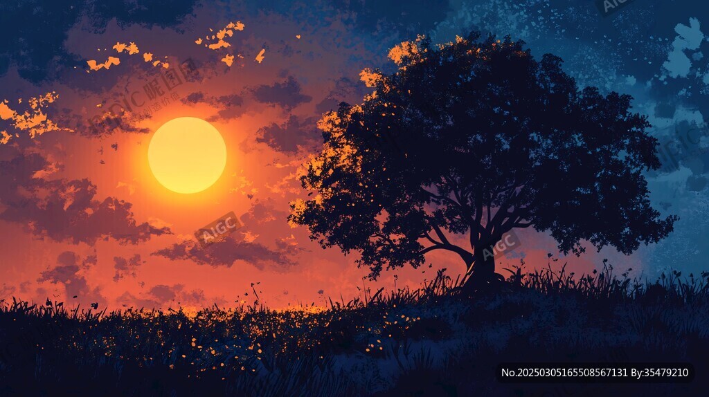 夕陽(yáng)映照下的孤獨(dú)樹