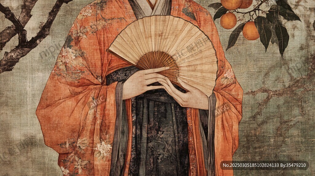 古風人物手持扇子 背景是橘子樹