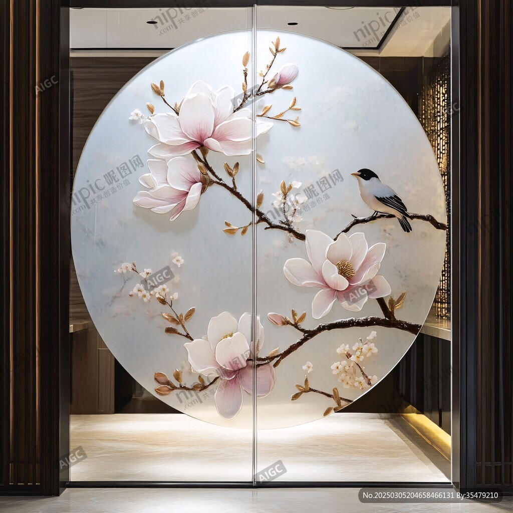 花鳥圖圓形玻璃藝術品