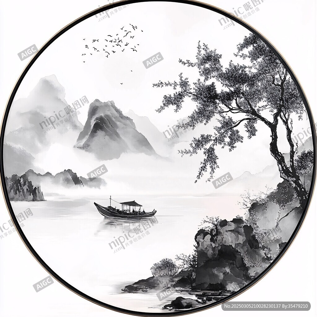 圓形水墨山水畫(huà)