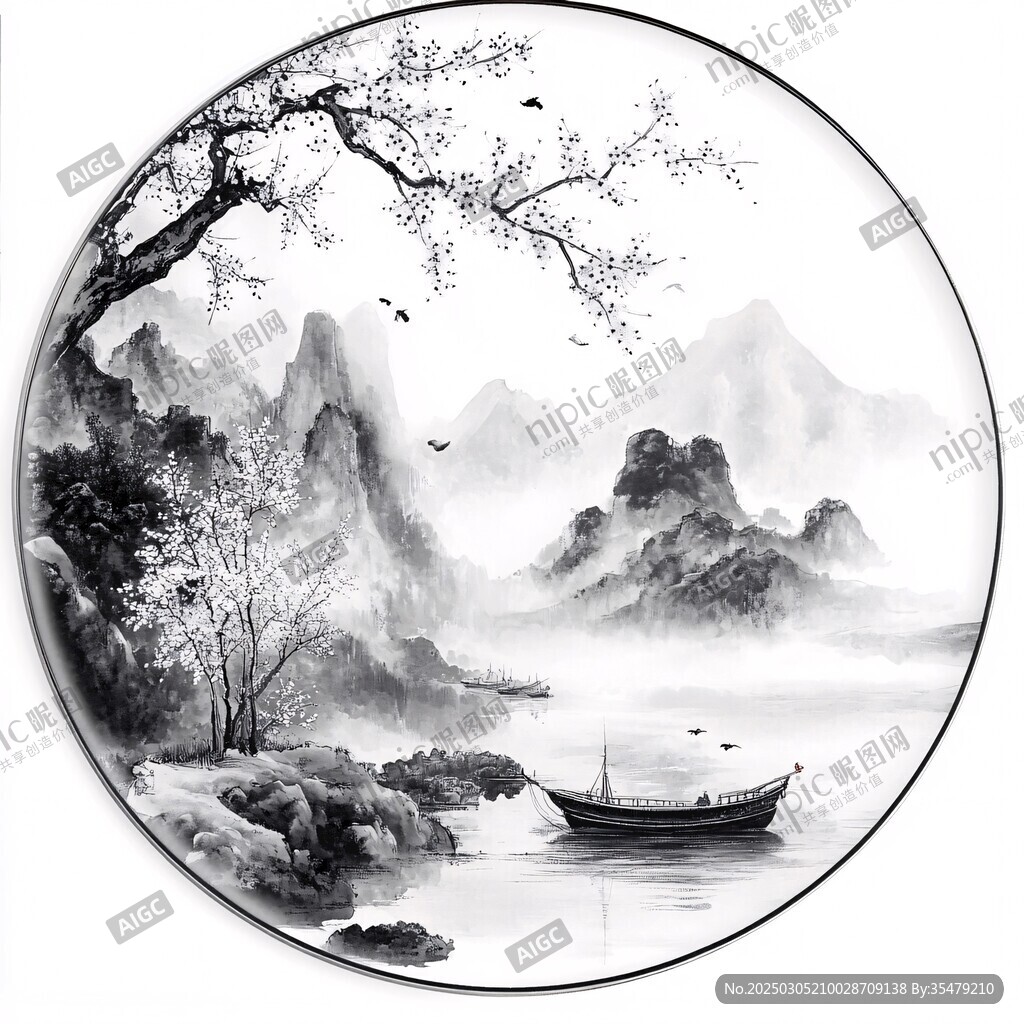 山水畫圓形圖案