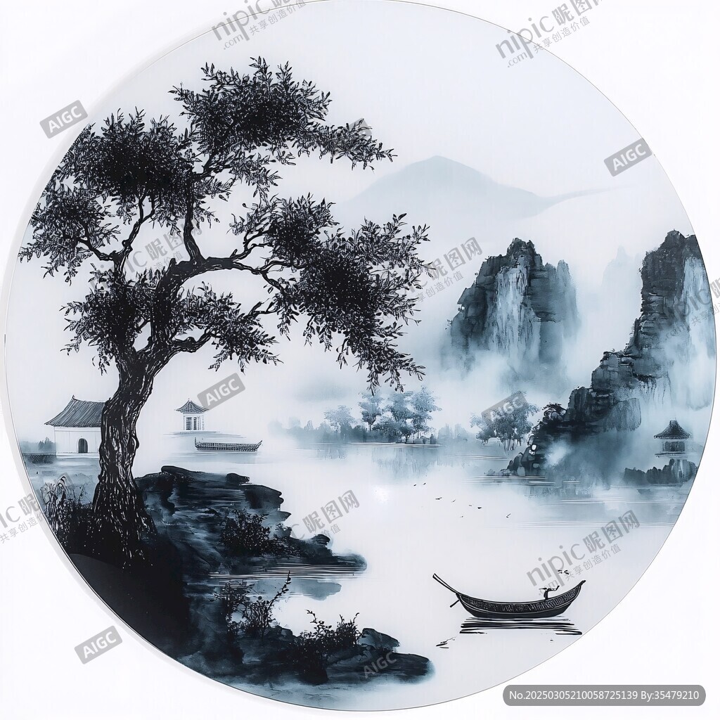 山水畫圓形圖案