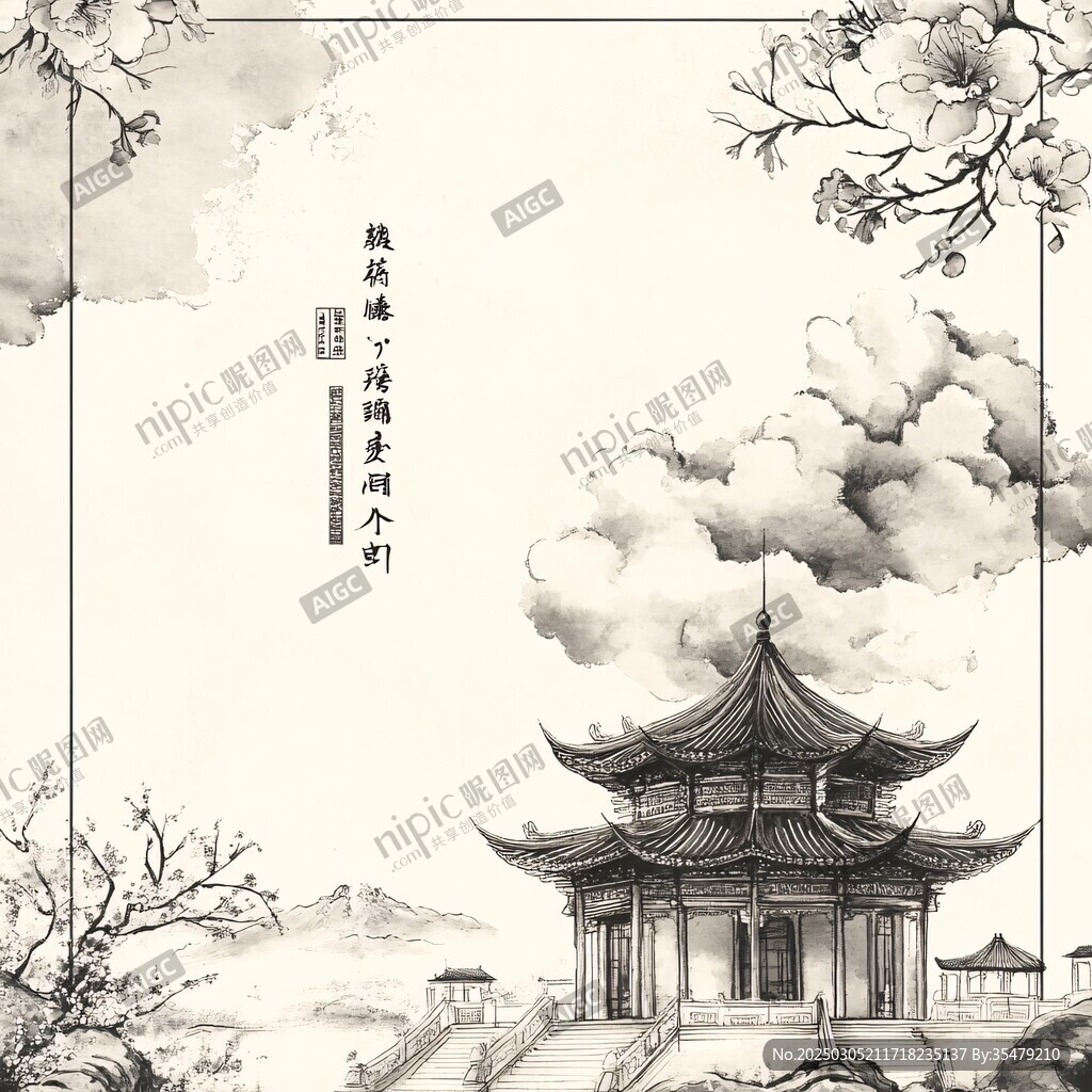 古韻亭閣 云霧繚繞 山水相映 梅花綻放