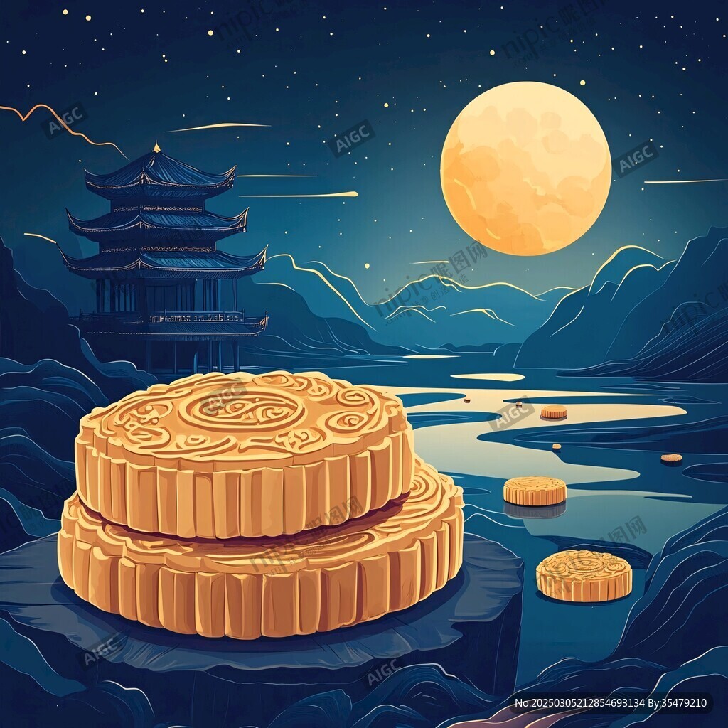 月下古風亭 河流蜿蜒 巨大月餅懸浮