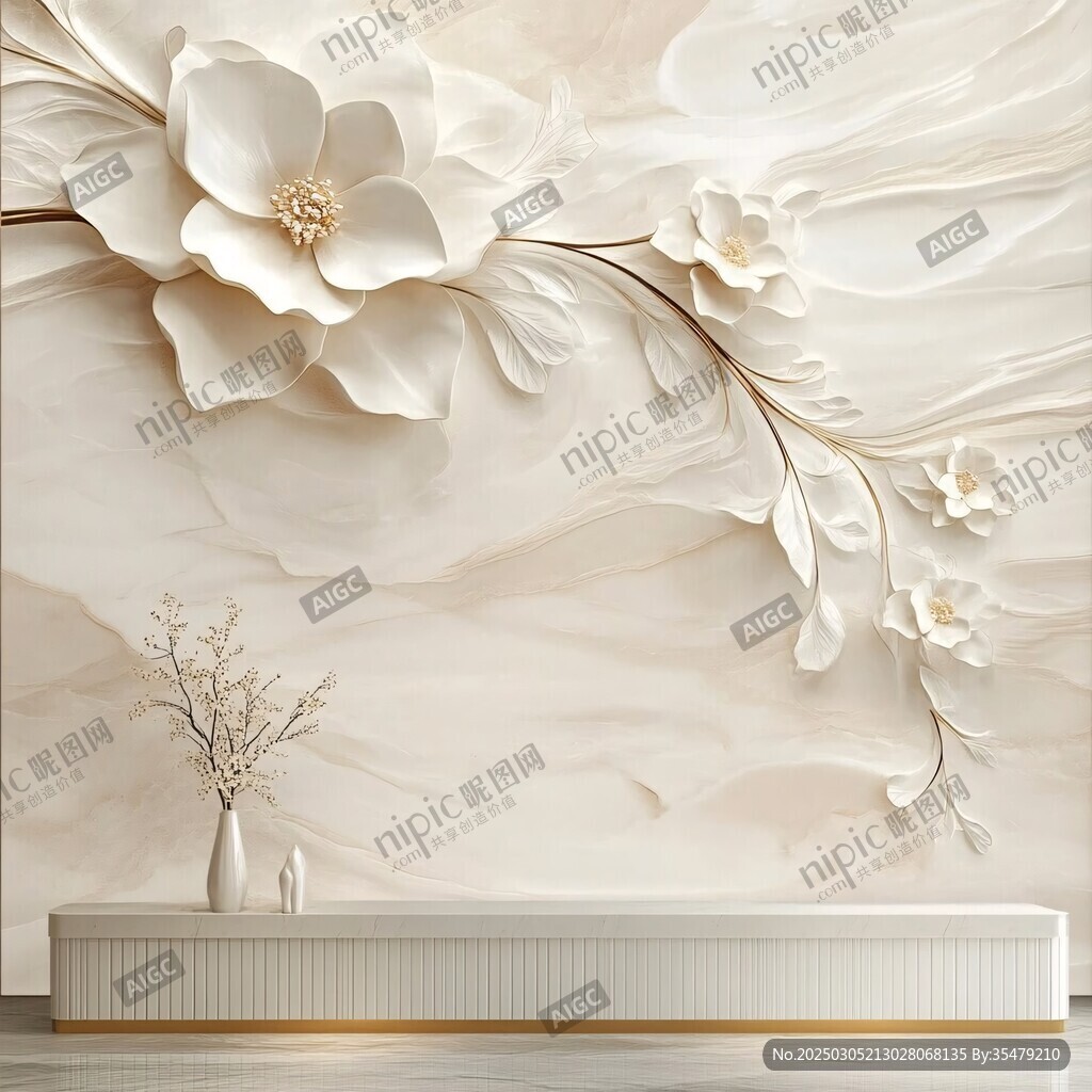 白色花卉浮雕藝術墻紙