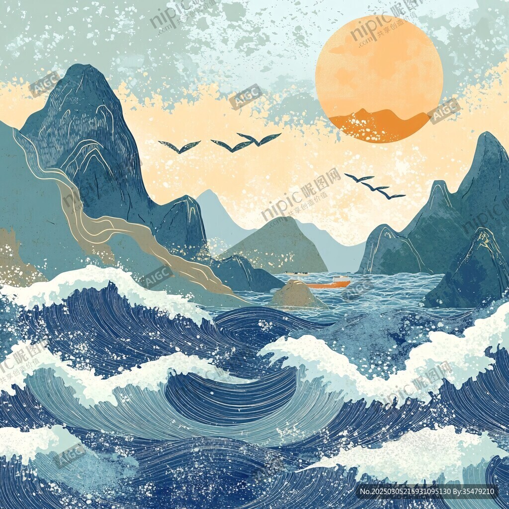 海浪山景日出鳥(niǎo)群