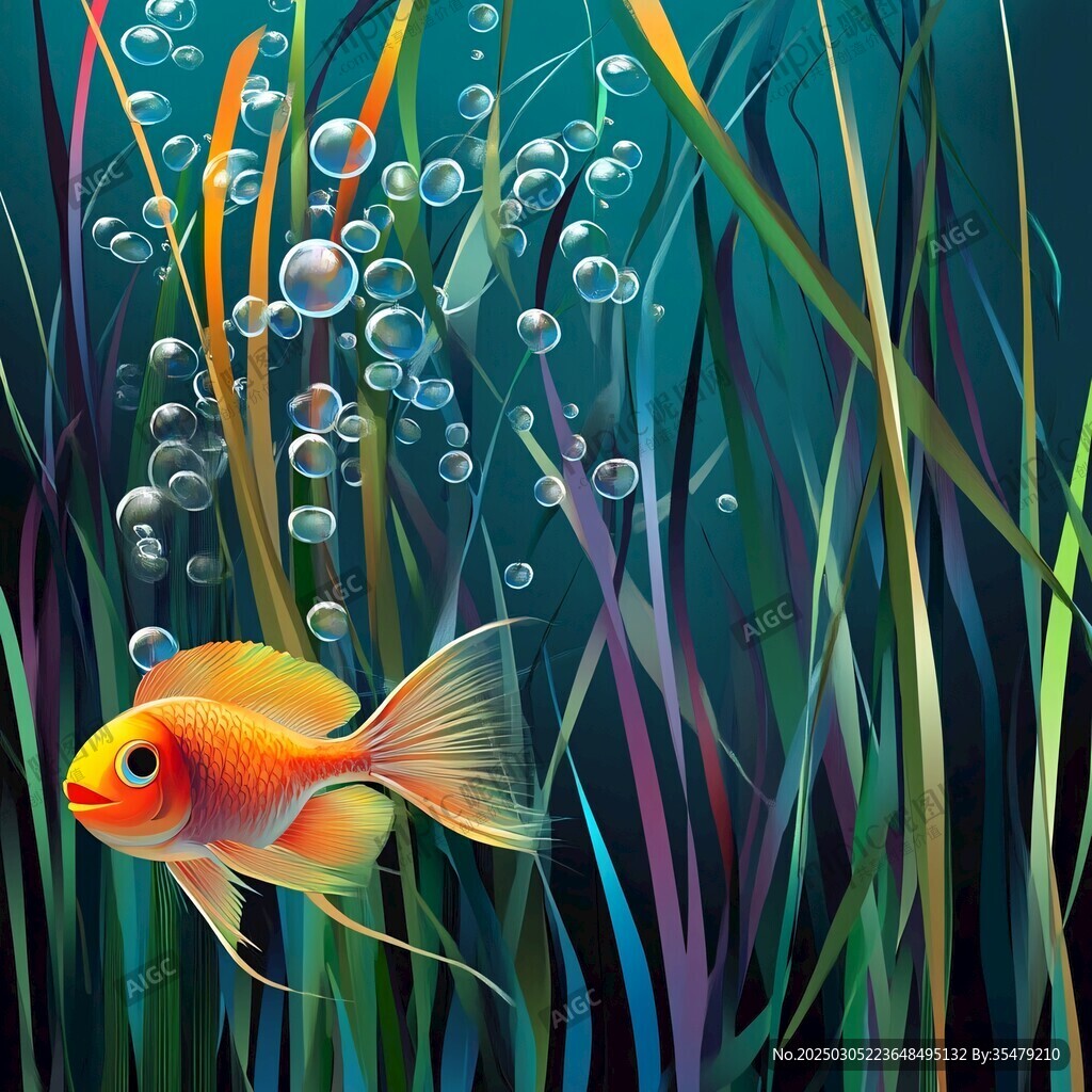 水下世界的金魚和彩色海草