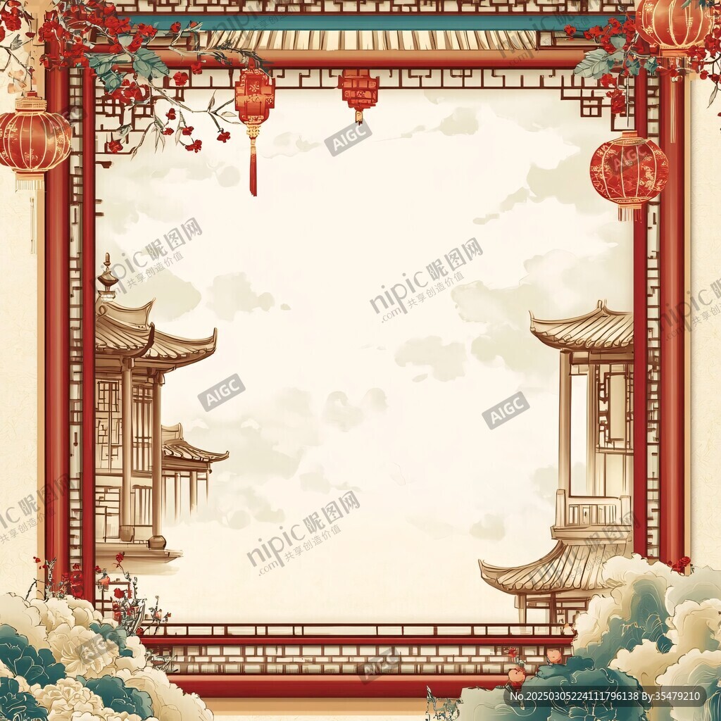 中國風建筑與花卉圖案