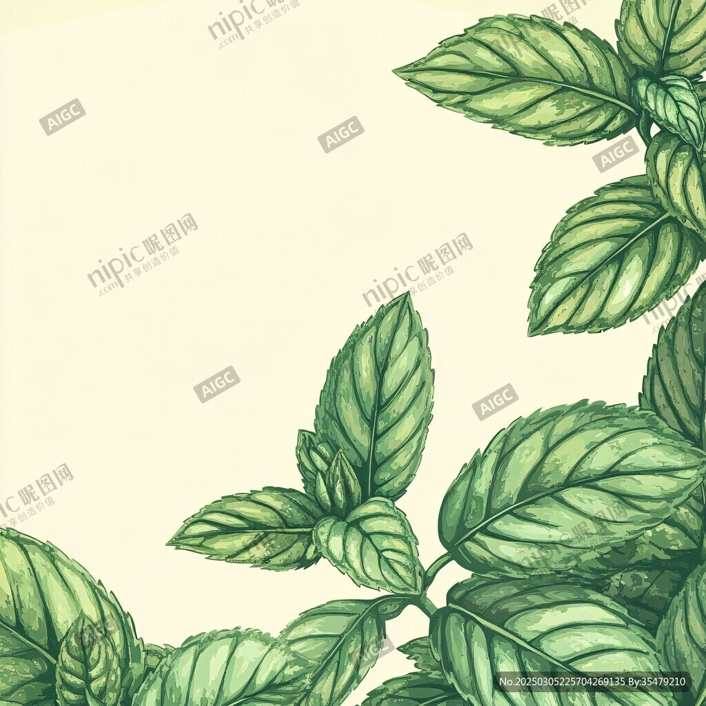 綠色薄荷葉在米色背景上
