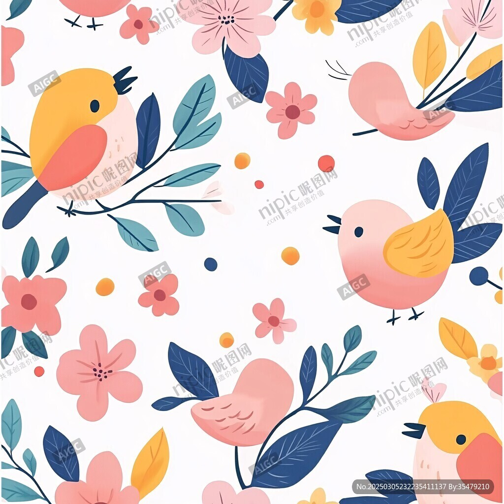 春日里的小鳥和花朵