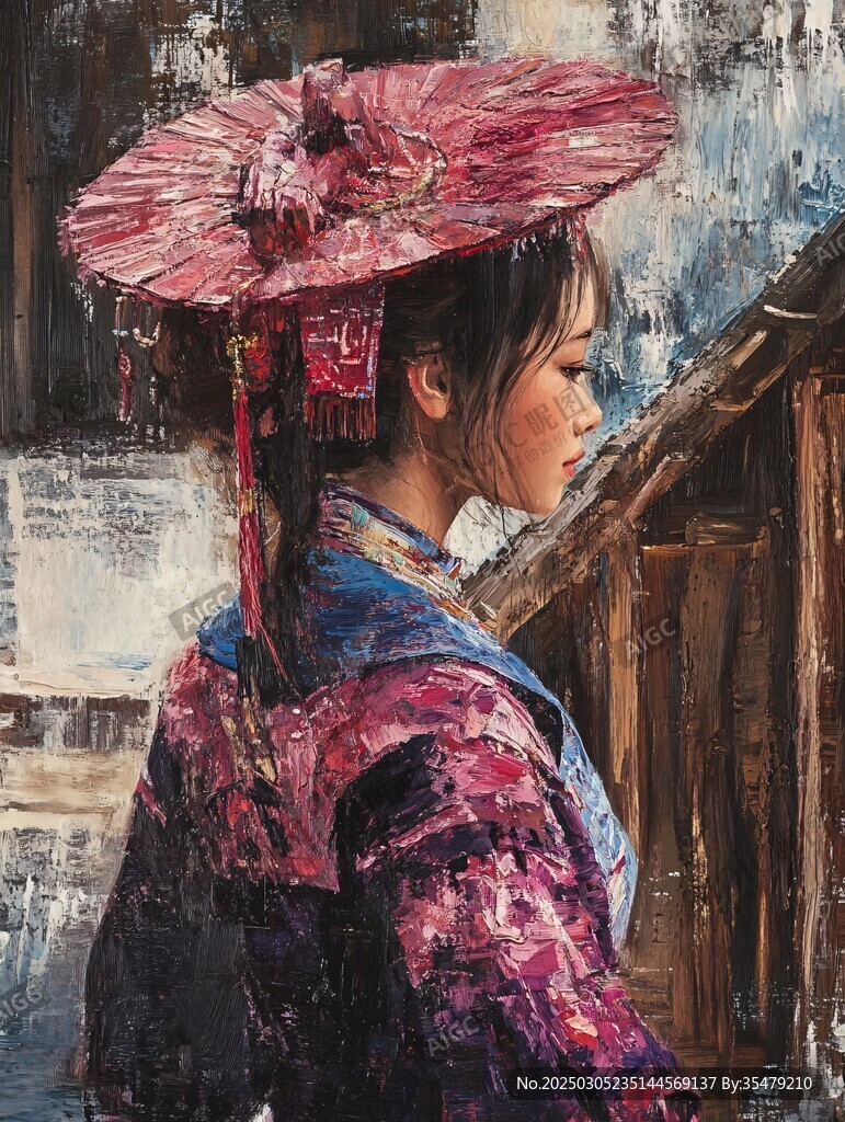 油畫中的女子和她的紅色帽子