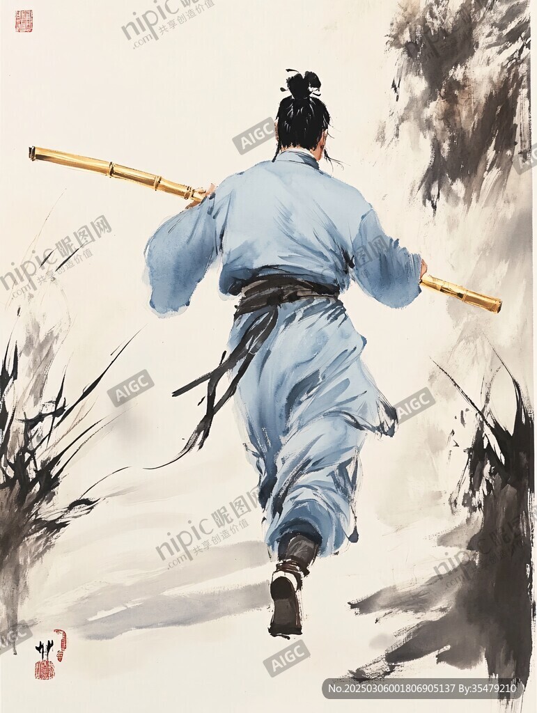 藍(lán)衣男子扛杖行