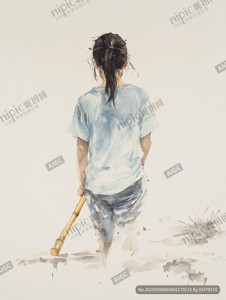 農(nóng)村女孩手持竹棒的背影