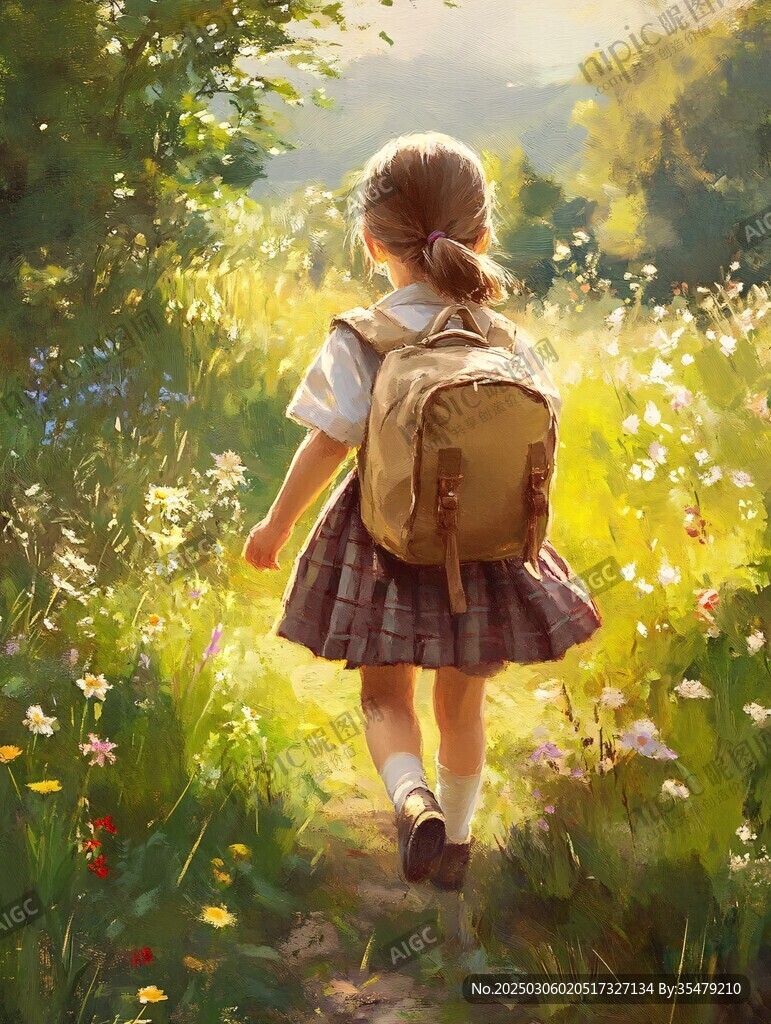 陽光下的返校小女孩