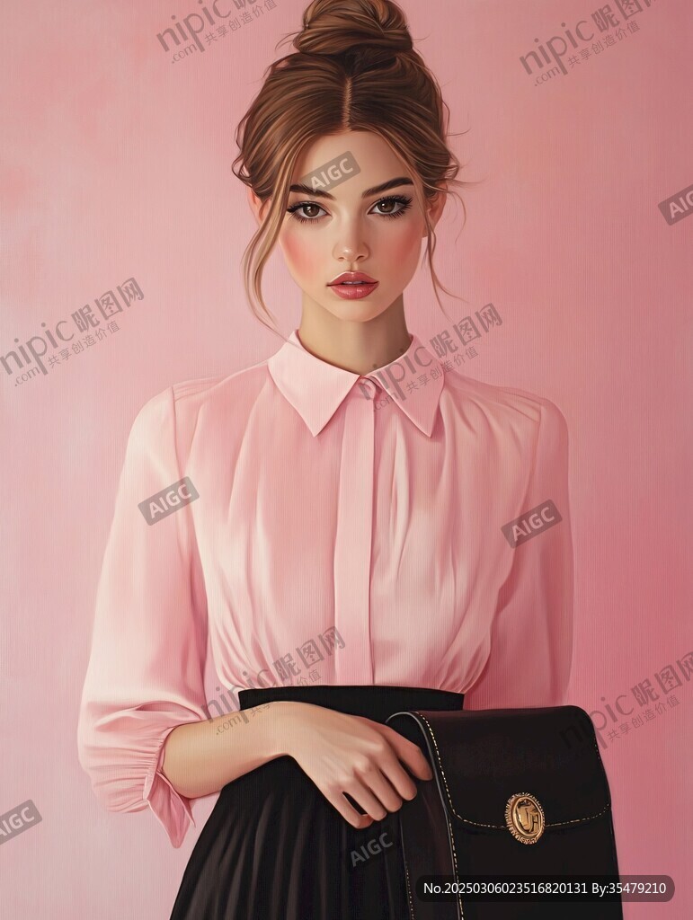 粉色襯衫與黑色裙子的優(yōu)雅女性