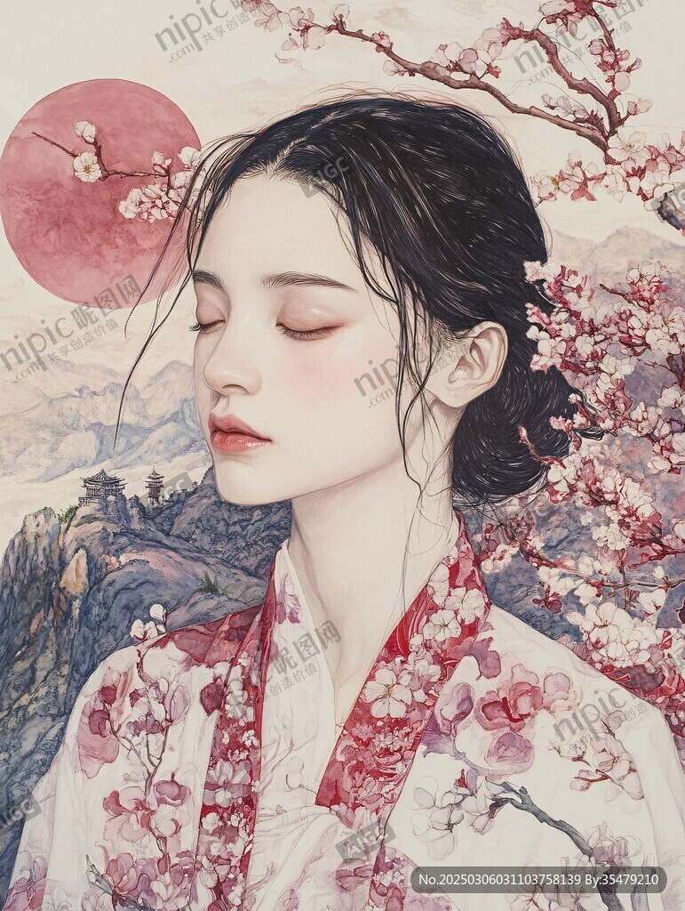 桃花映照下的寧靜女子