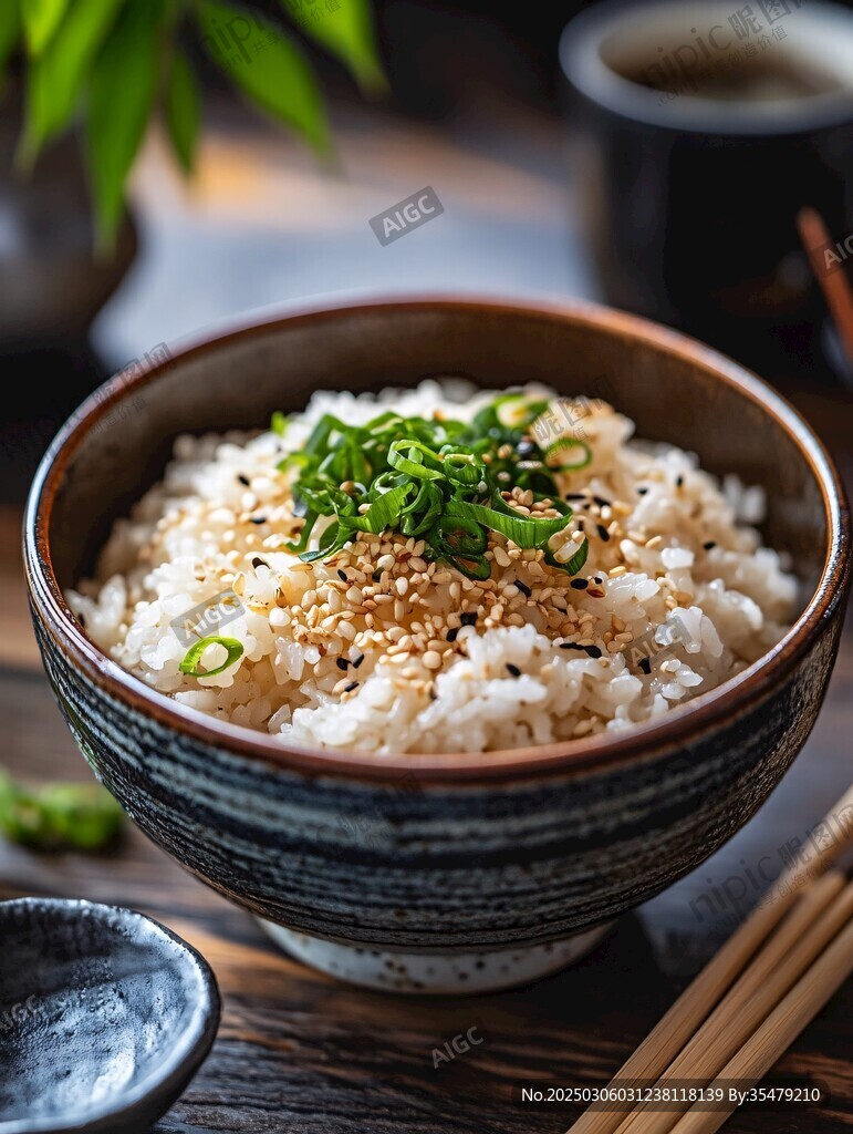 美味白米飯 點(diǎn)綴蔥花和芝麻