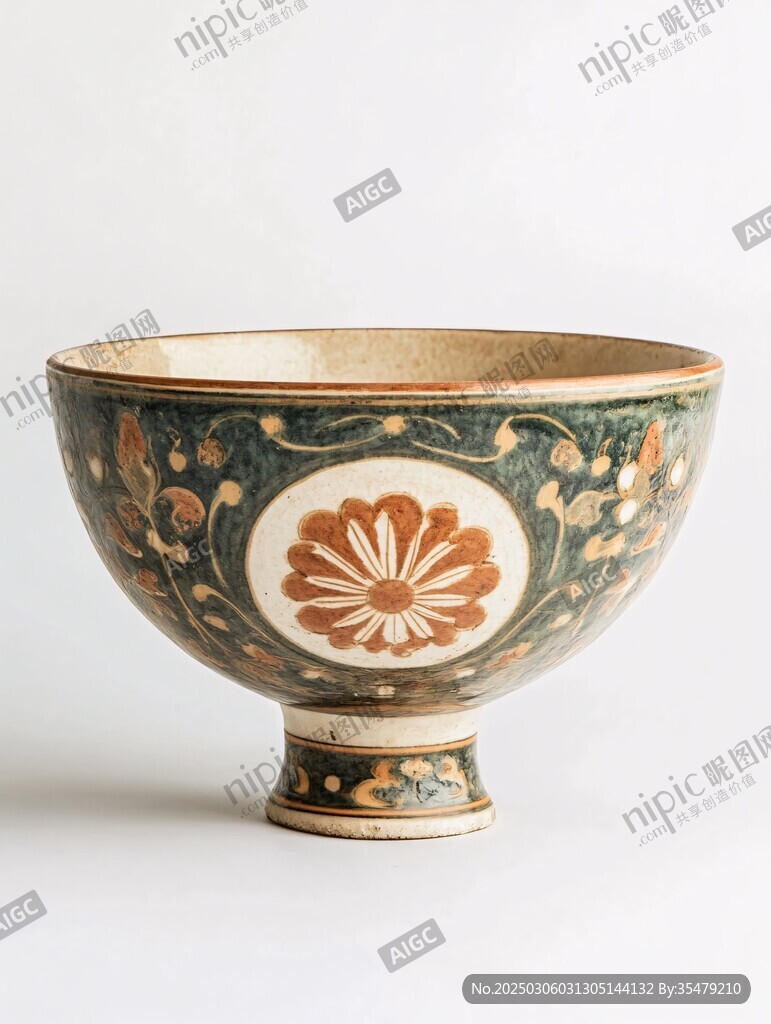 古董陶瓷碗 綠色底 棕色花紋