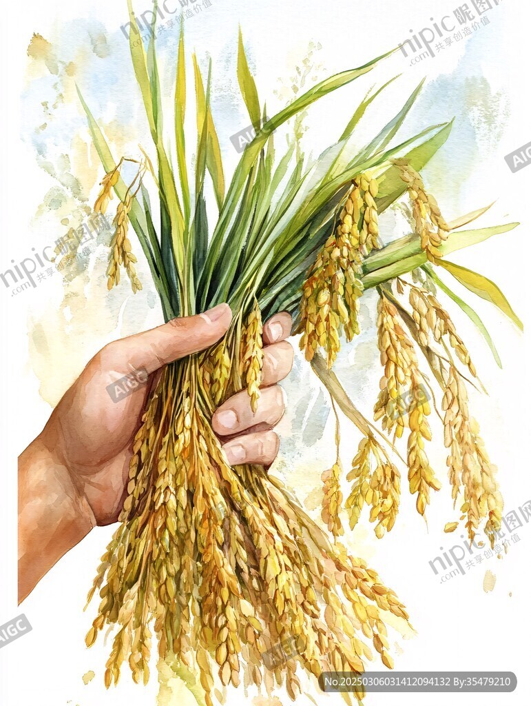 手握豐收的稻穗