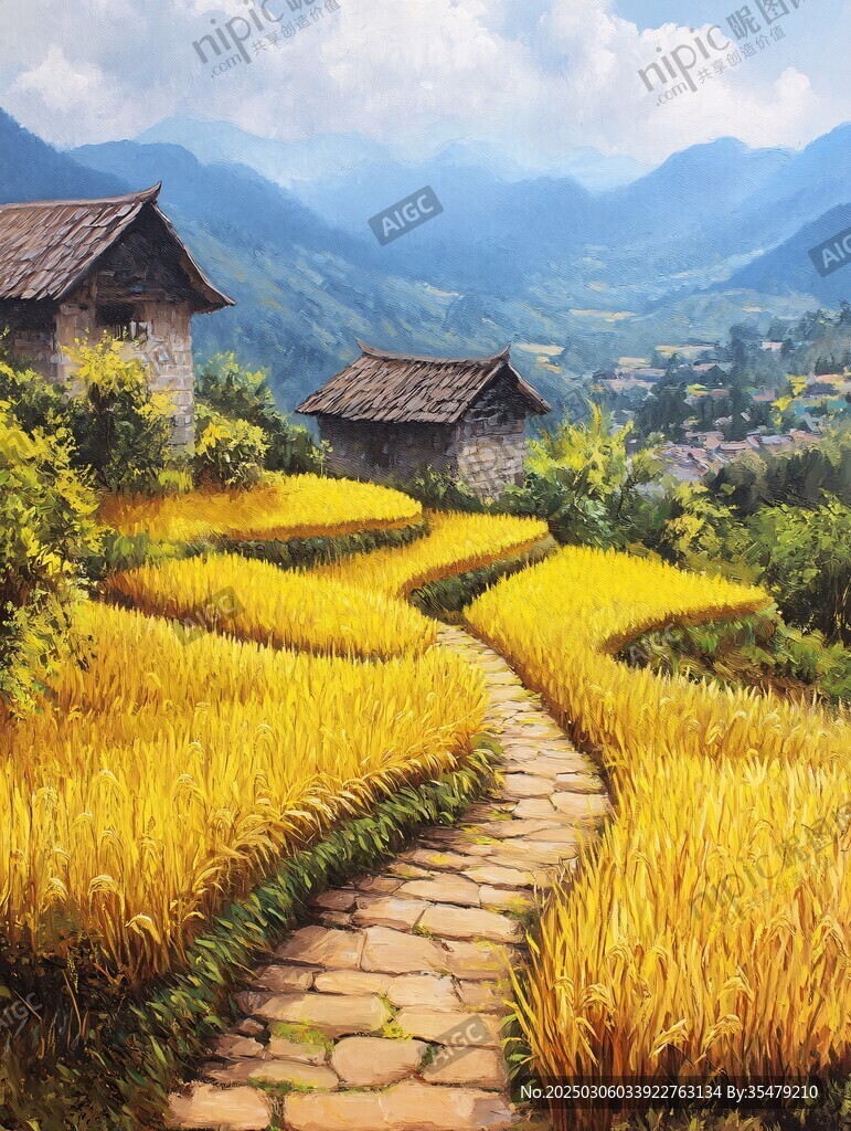 鄉村小徑與金色稻田