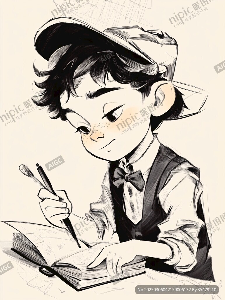 專注寫作的小男孩
