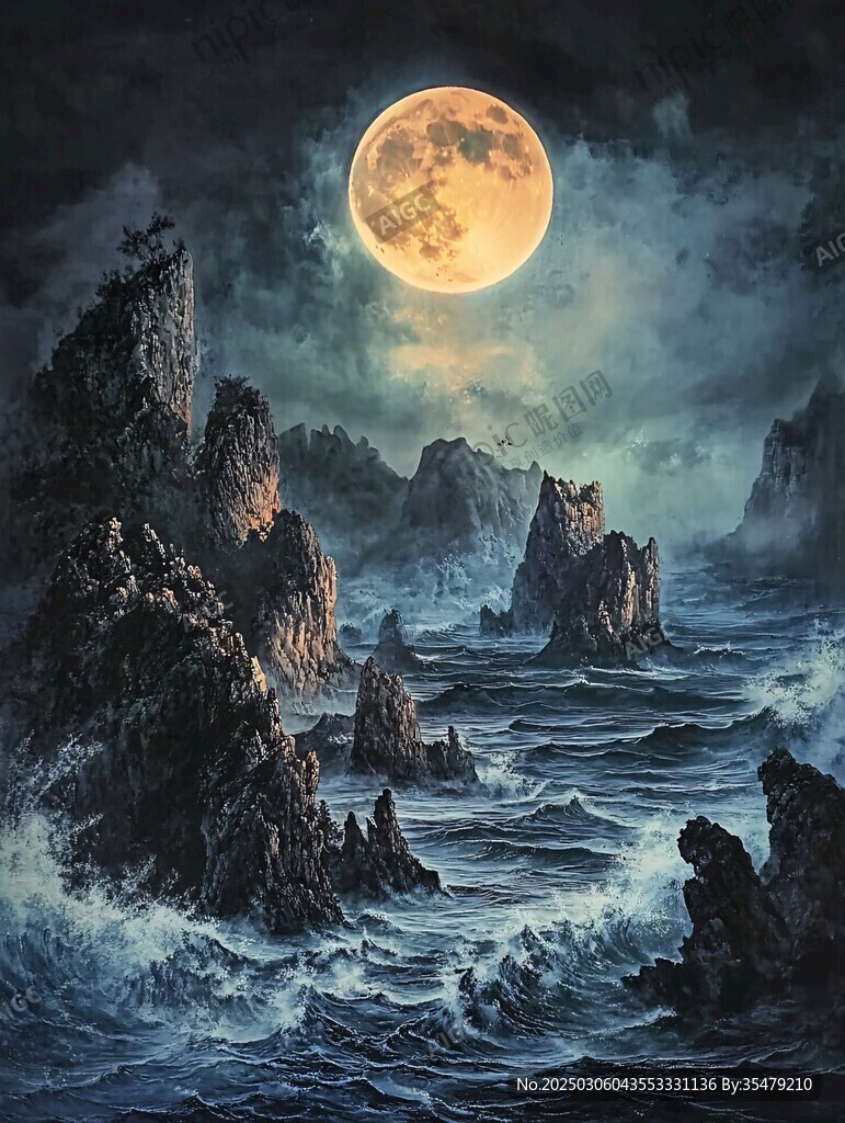 月下波濤洶涌的崎嶇海岸