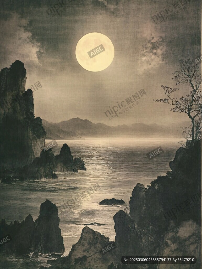 月下海岸的寧靜夜晚