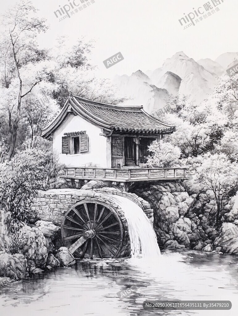 山水畫中的小屋與瀑布