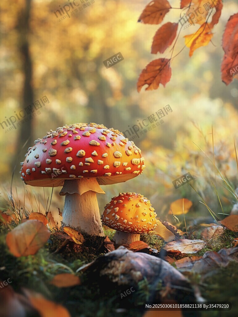秋日森林中的紅菇與落葉