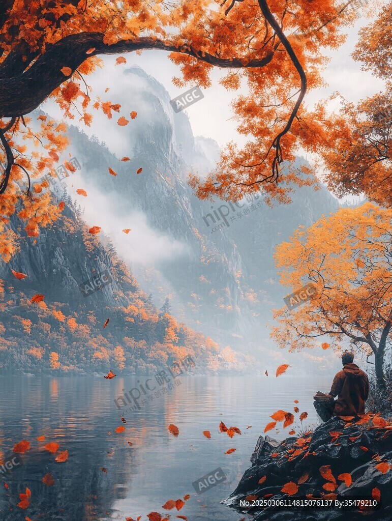 秋日山湖風景