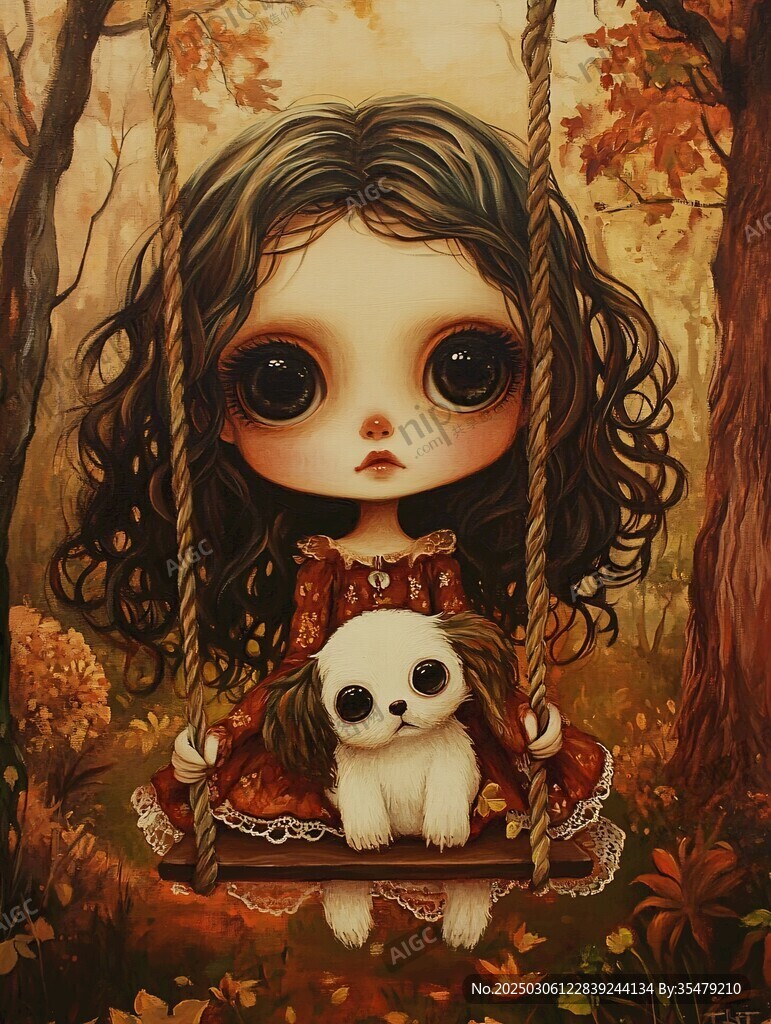 秋日蕩秋千的少女與小白狗