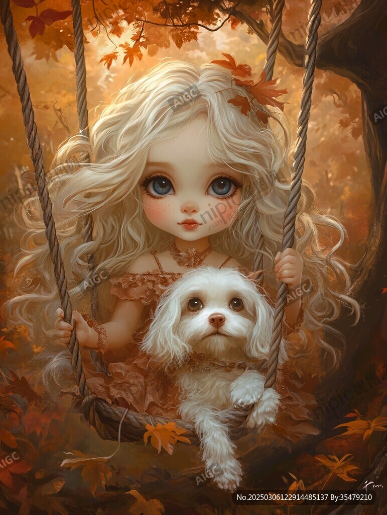 秋日蕩秋千的少女與小白狗