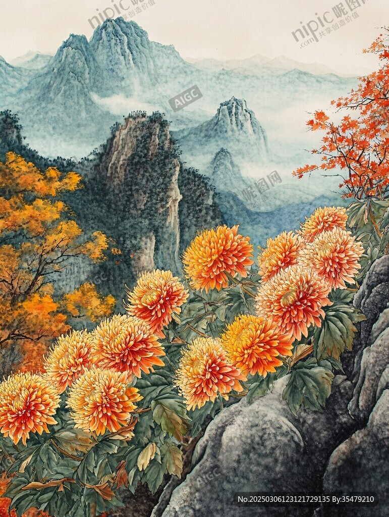 秋日山巒映菊華