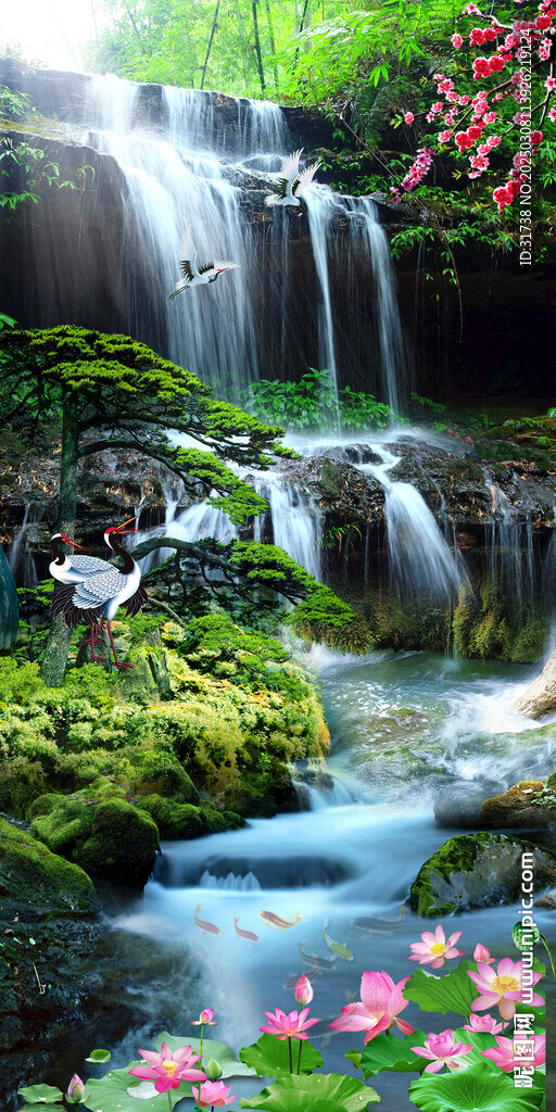 高山流水瀑布山水畫
