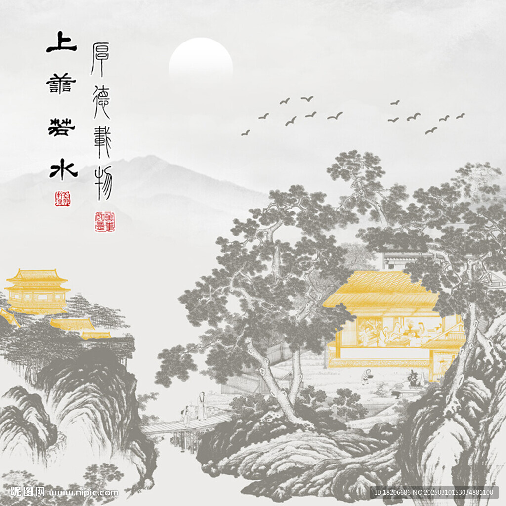 國畫上善若水線描形象墻