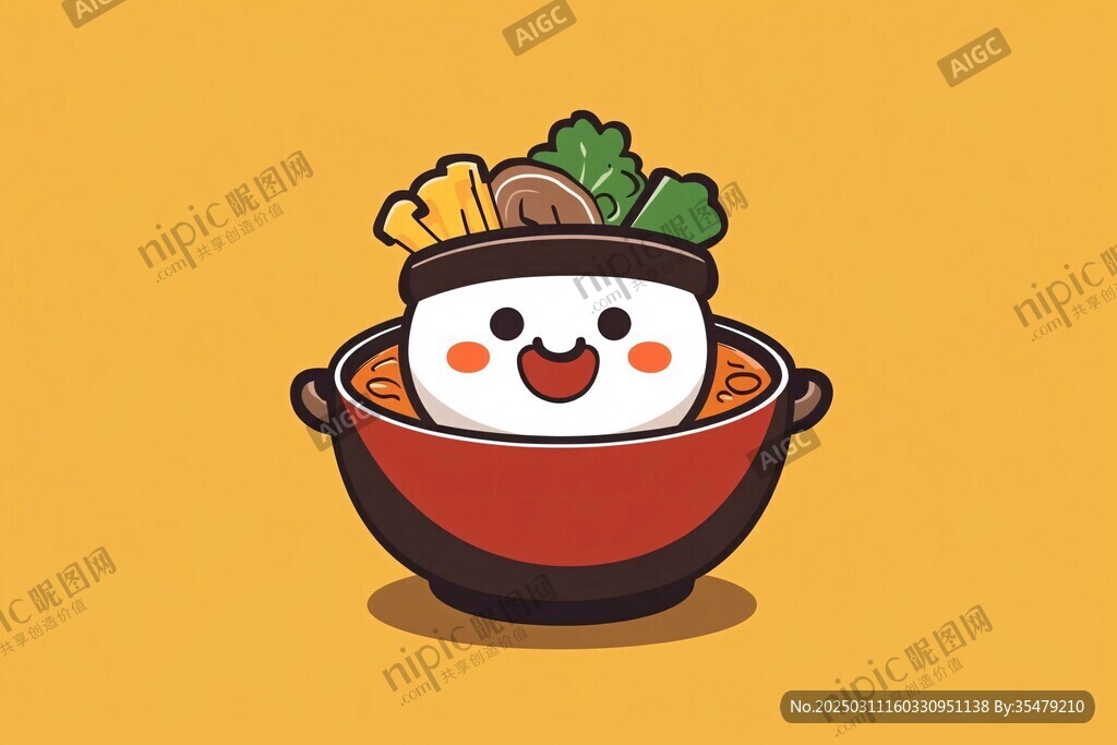 可愛的拉面角色在黃色背景中歡快地微笑