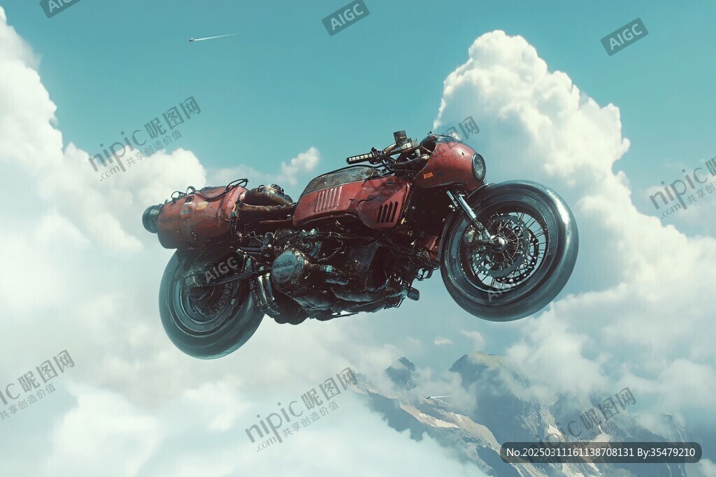 云上飛行的紅色摩托車