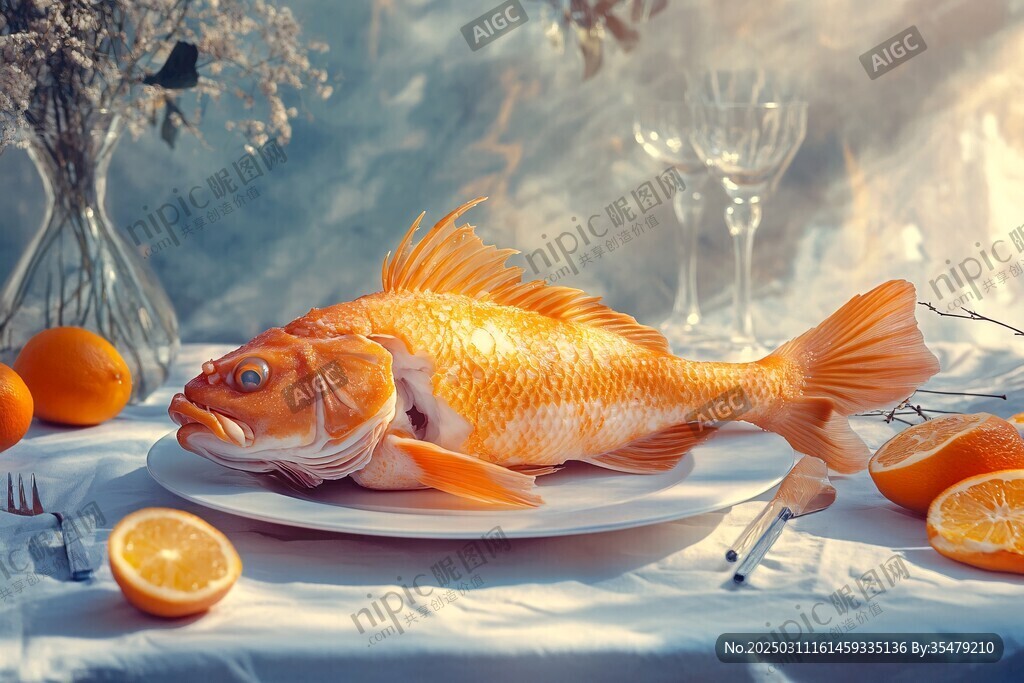 金魚與橙子 餐桌上的靜物畫