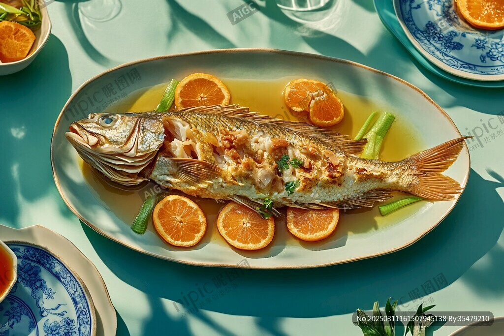 香煎魚配橙子和蔥段