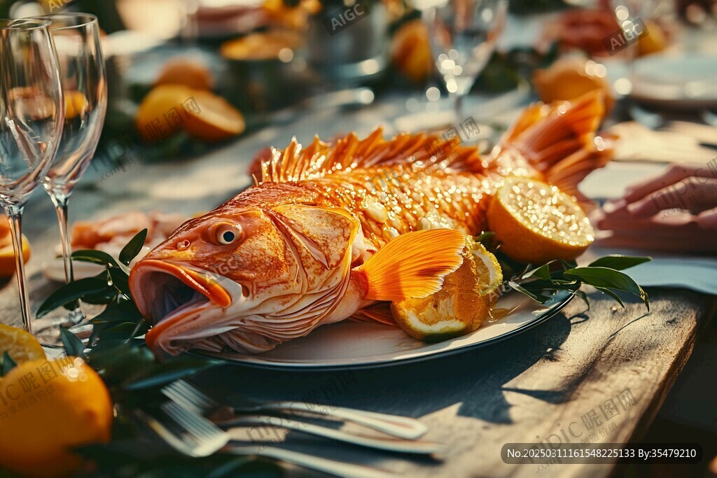 金黃色整條魚 檸檬片和綠葉點(diǎn)綴 置于木質(zhì)桌子上