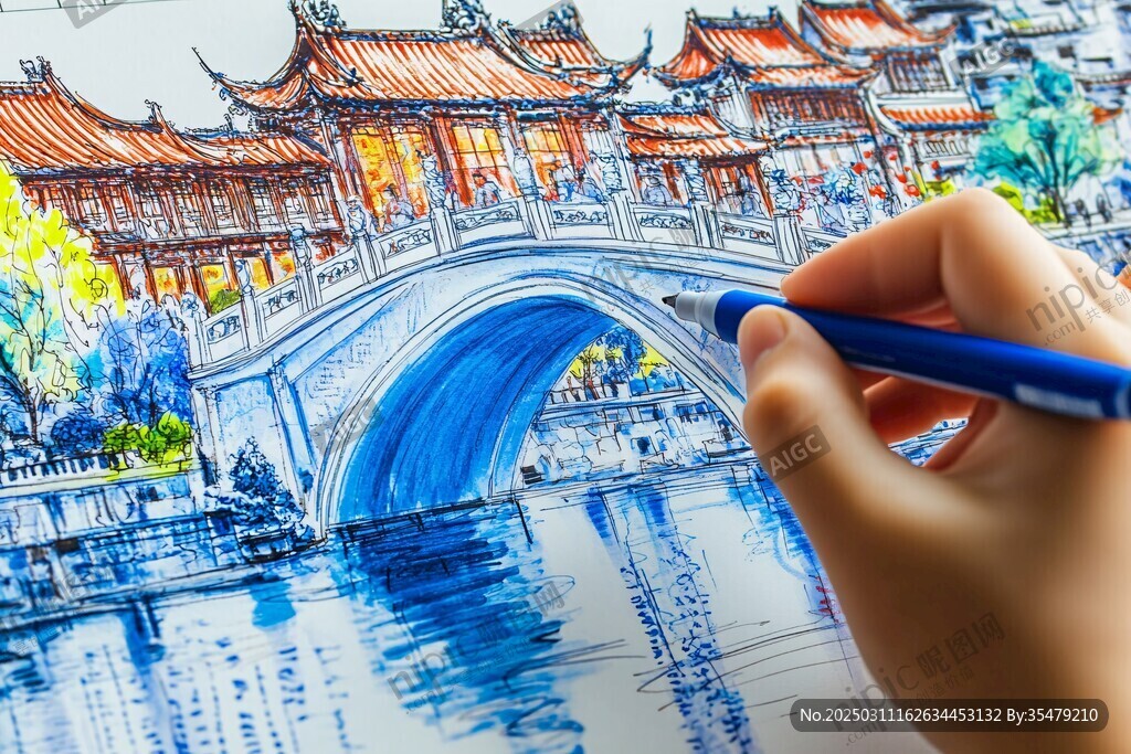 手繪的中國古典建筑與橋梁風景畫