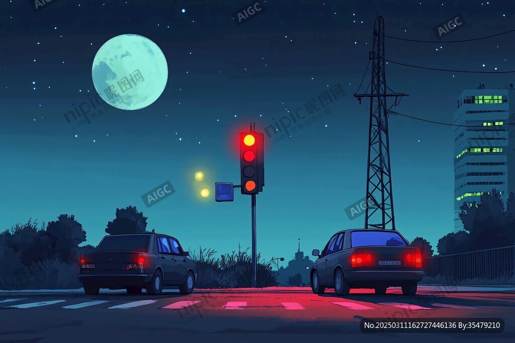 夜幕下的城市十字路口