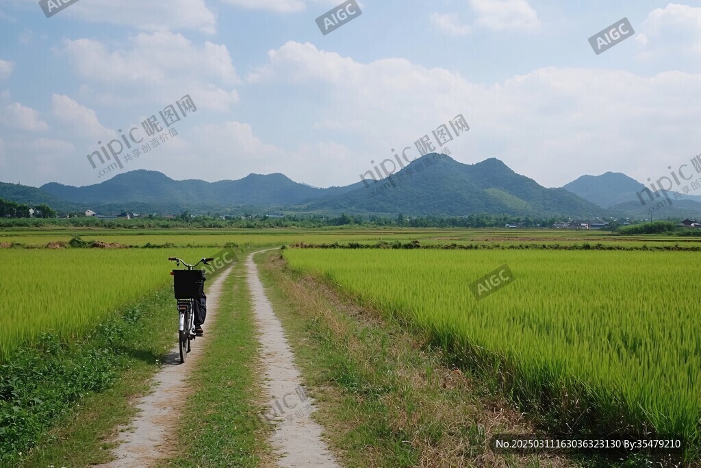 綠色稻田小徑 遠山如畫
