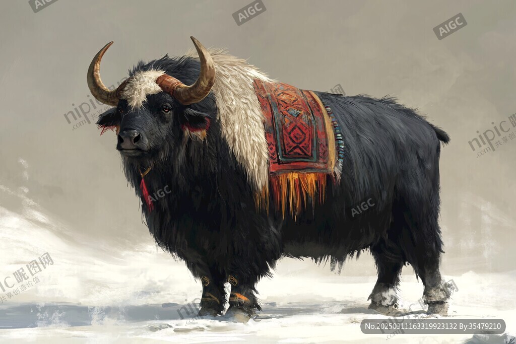 神秘的牦牛 披著傳統(tǒng)毯子 站在雪地之上