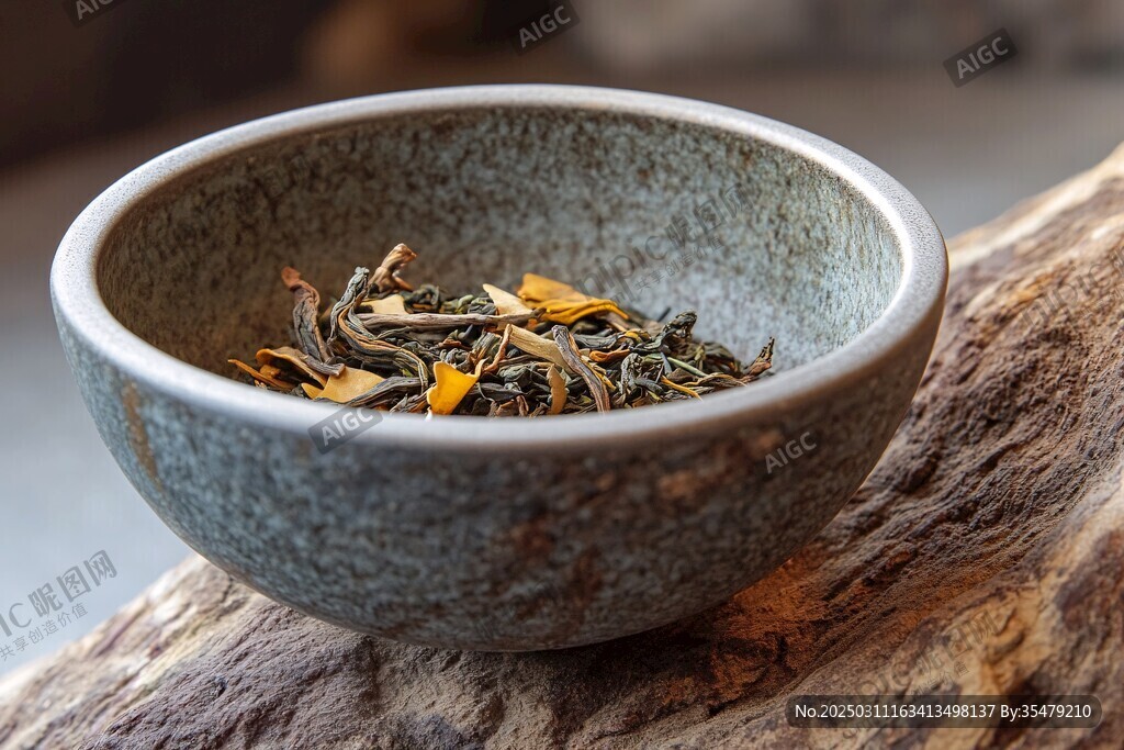 巖石上的陶瓷茶盞和干茶葉