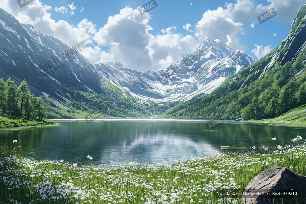 山谷中的湖泊與白雪皚皚的山脈