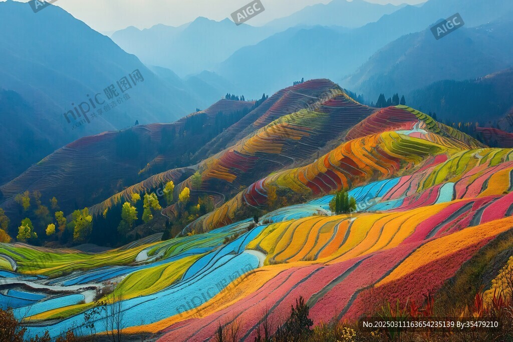 山脈梯田的彩色風(fēng)景
