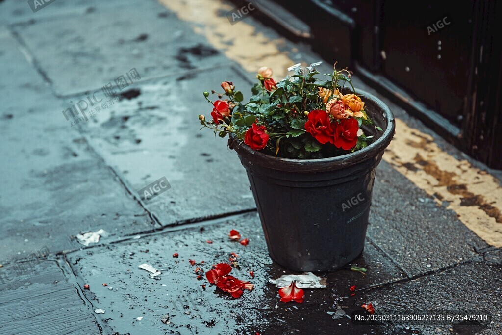 雨中的街頭花瓶