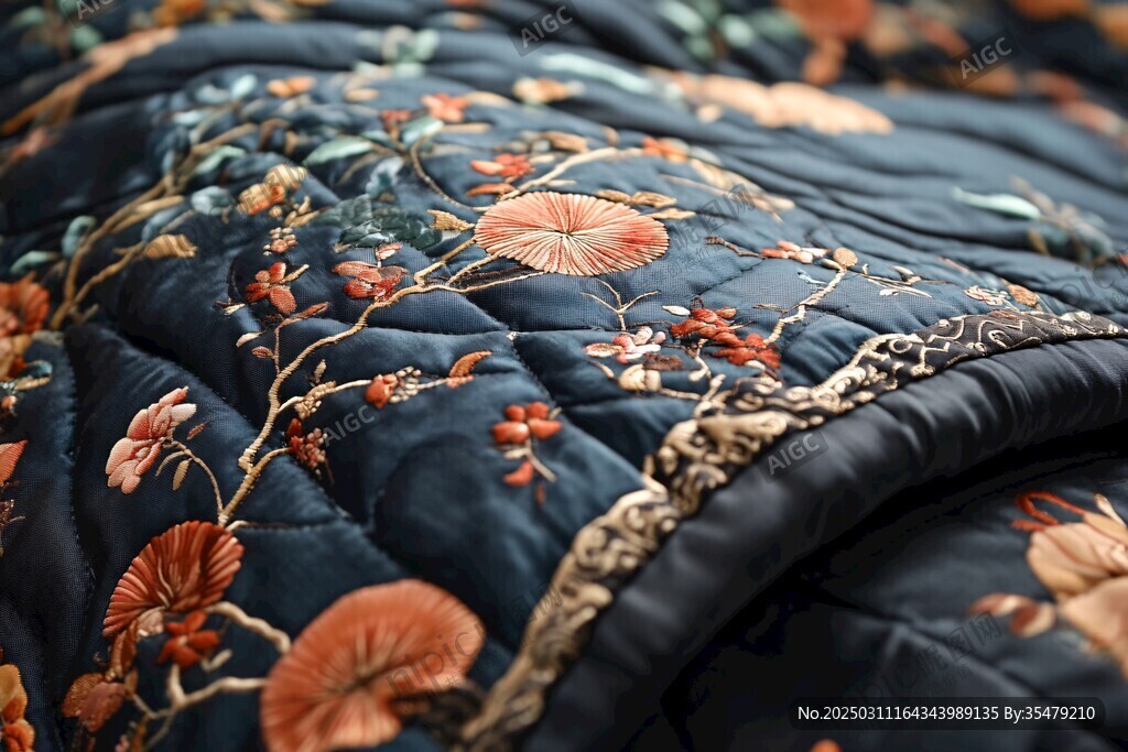 藍色絎縫被子上的刺繡花卉